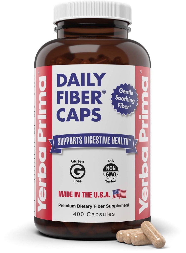 Yerba Prima Daily Fiber Caps Formula, 400 Kapseln - sowohl löslich als auch unlöslich - mit Psyllium Seed Husks, Acacia Gum, Apple Fiber und mehr - Nahrungsergänzung
