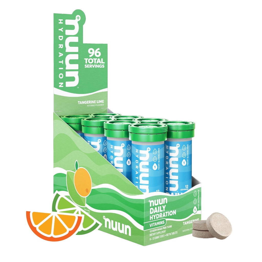 Vitamines Nuun Comprimés électrolytiques avec vitamine D, C, E, A et B6, acide folique, magnésium et 4 autres électrolytes essentiels, sans gluten et végétalien, chaux de Tangerine, 8 paquets (96 portions Total)