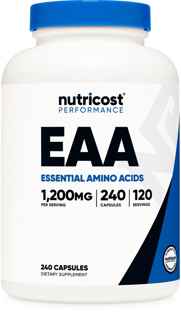 Nutricost EAA Kapseln 1200mg, 240 Kapseln - Essentielle Aminosäuren, 120 Portionen - Nicht-GVO, Glutenfrei & Vegan