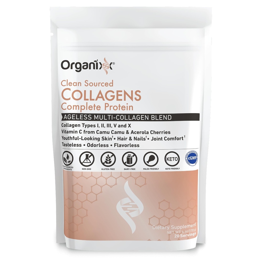 Organixx Peptides de collagène en poudre avec vitamine C, types I, II, III, V, X Collagène hydrolysé, cheveux, ongles, peau, os et santé articulaire, soutien au vieillissement, source propre, sans gluten, non aromatisé, 20 portions