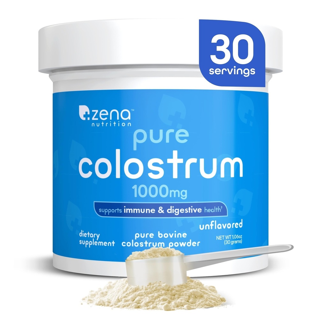 Zena Nutrition Bovine Colostrum Supplément en poudre, 1000mg Pure Colostrum, soutient la santé immunitaire et digestive, favorise la santé de Gut, kéto, sans gluten, sans gras, herbe, non aromatisé, 30 portions