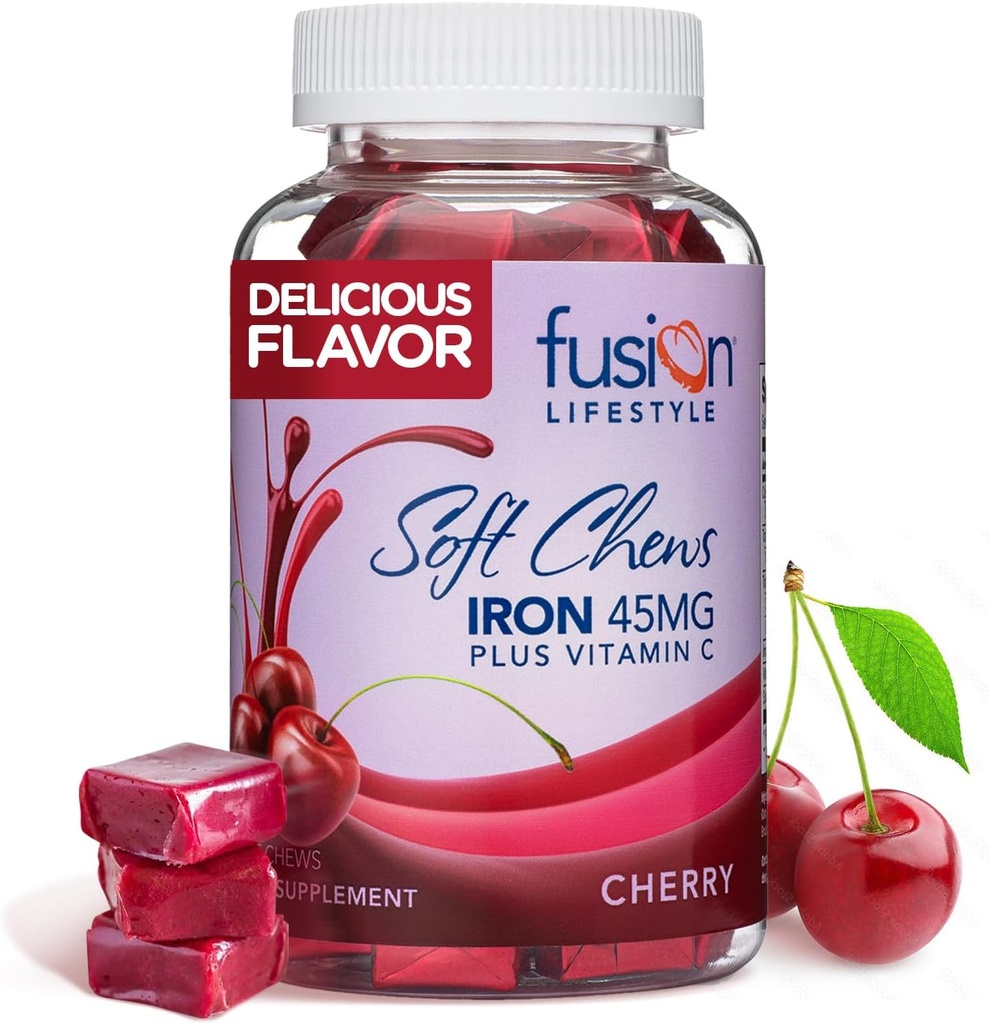 Chewable Iron Supplement für Damen und Herren - Cherry Flavor, Eisen Vitamin C Soft Chew für Max Absorption, Eisen als Ferrous Fumarate, Ideal für Anämie und Eisenmangel, 2 Monate Versorgung