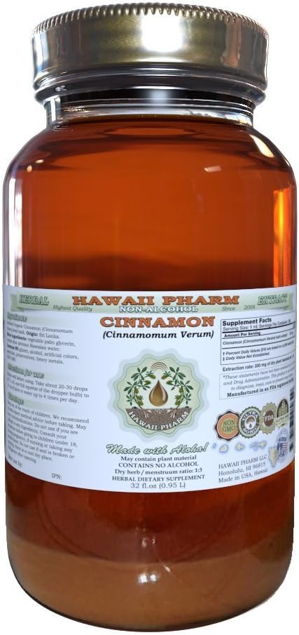 Cannelle Extrait liquide sans alcool, cannelle (Cinnamomum Verum) Glycérite séchée Glycérite Hawaii Pharm Supplément naturel à base de plantes 32 oz Non filtré