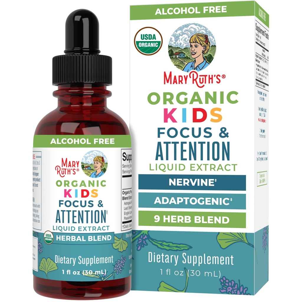 MaryRuth Organics Kids Brain Supplements für Gedächtnis und Fokus, USDA Organic Drops mit Ginkgo Biloba, Rhodiola Root & Licorice Root, Focus & Attention, Calm, Vegan, Non-GMO, Gluten Free, 30 Servierungen