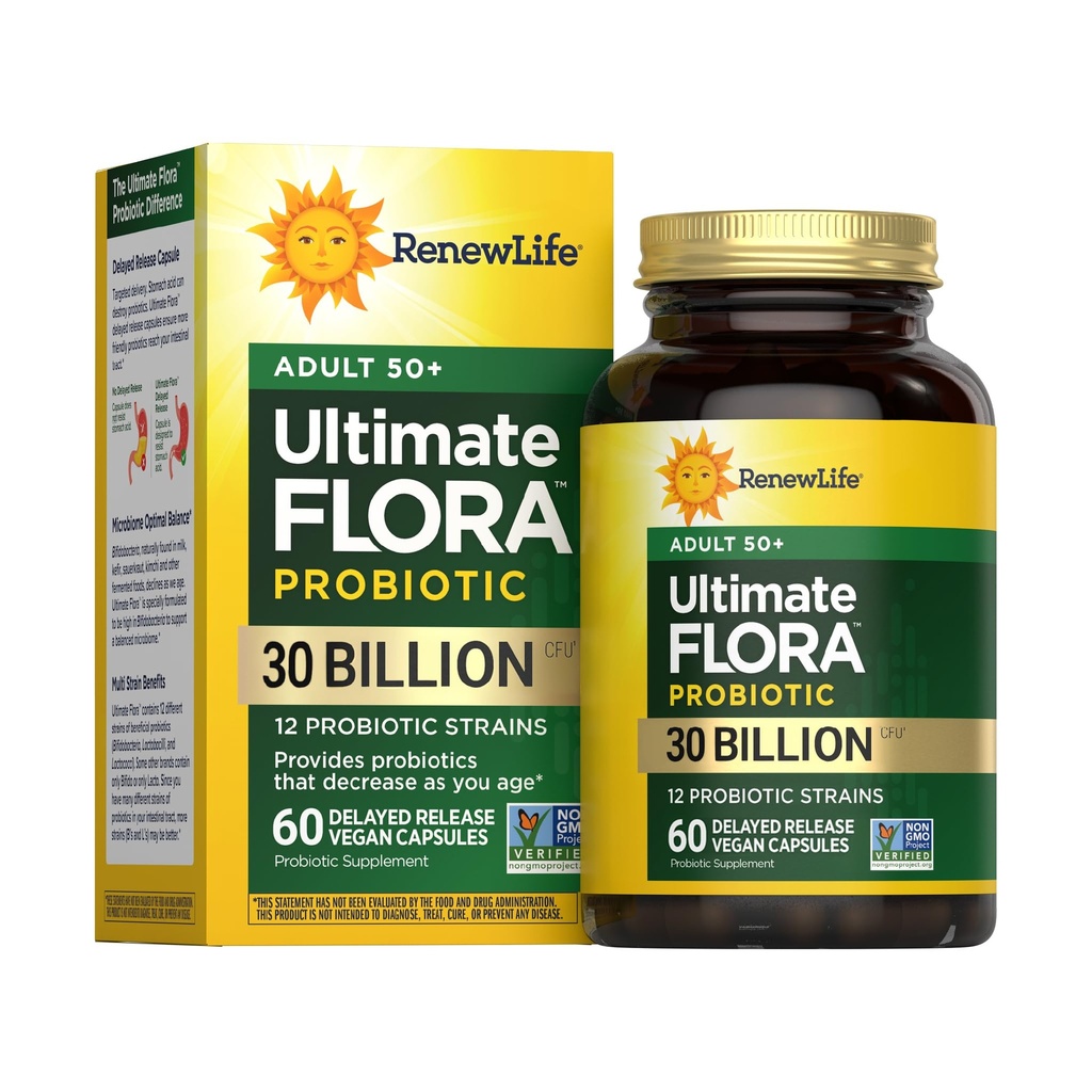Renew Life Probiotic Adult 50 Plus Probiotic Capsules, Daily Supplement unterstützt Urinary, Digestive and Immune Health, L. Rhamnosus GG, Dairy, Soy und glutenfrei, 30 Billion CFU, 60 Count