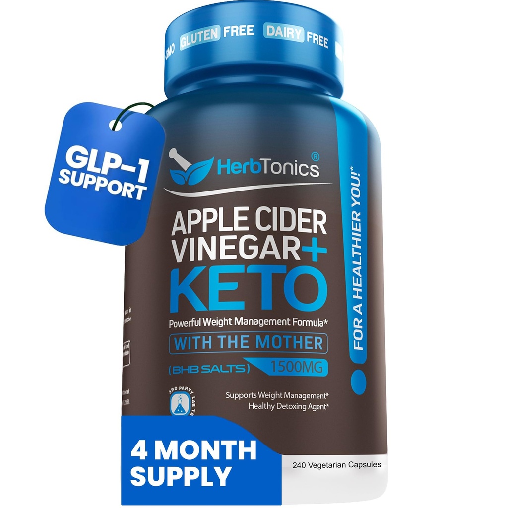 Herbtonics Apple Cider Essig mit Keto BHB Salts - GLP-1 Support Supplement für Stoffwechsel und Appetitkontrolle, 240 Kapseln.