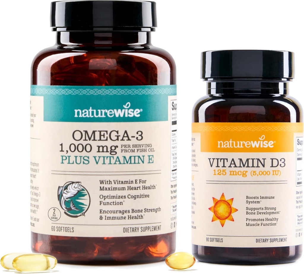 NatureWise High-Potency 1000mg Omega 3 mit 600mg EPA, 400mg DHA, & Vitamin E & Vitamin D3 5000iu (125 mcg) Gesunde Muskelfunktion und Immununterstützung
