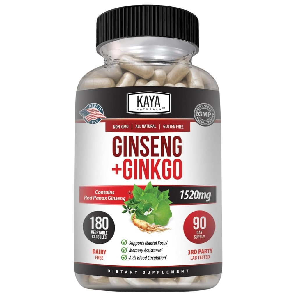 Kaya Naturals Red Panax Ginseng + Ginkgo Biloba - Nootropic Brain Supplement - Kognitive und Konzentration Unterstützung - Brain Booster, Fokus und Memory Supplement - 180 Kapseln