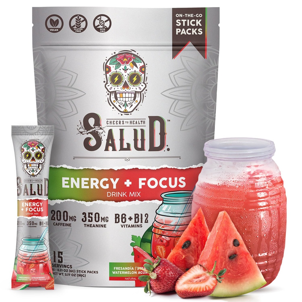 Salud 2-in-1 Energy Drink Powder + Focus, Erdbeerwassermelone, Bio Koffein, B6 + B12, Theanine, Clean Energy Drink Packets, Fresandia Agua Fresca Mix, Non-GMO, Glutenfrei, Vegan, 1g Zucker, (15 Servierungen)