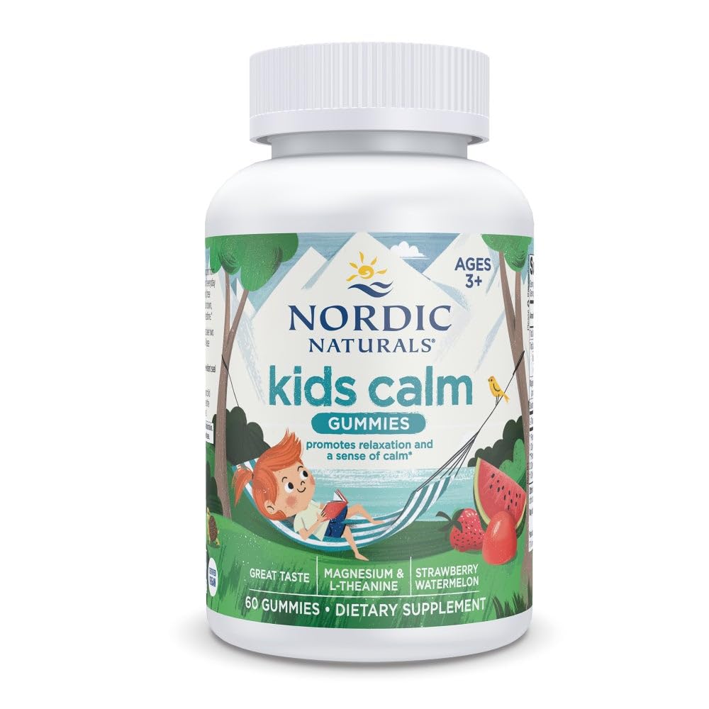 Nordic Naturals Kids Calm Gummies - Pastèque fraise - 60 Gummies - Supplément Magnésium L-Theanine - Calme pour les enfants - Soutien à la relaxation - Jusqu'à 60 portions