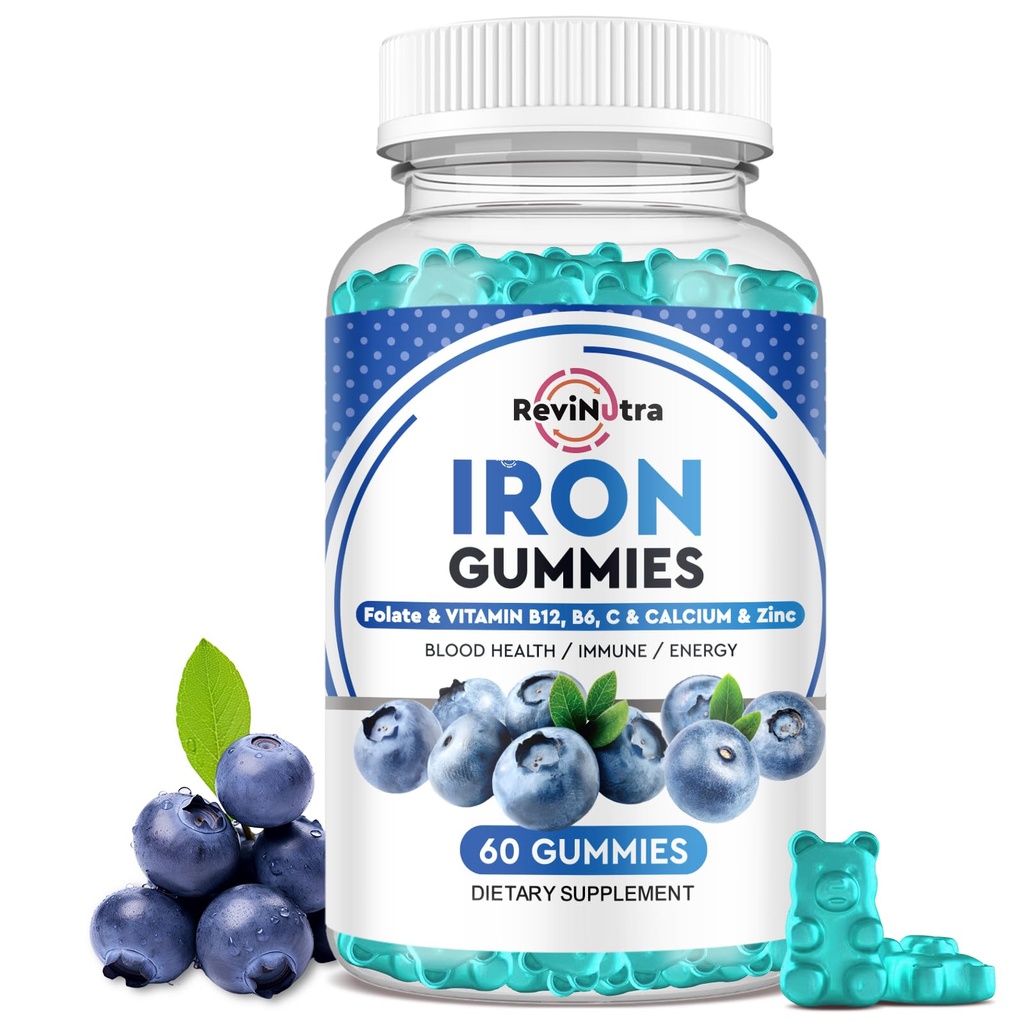 Eisengummis - mit Kalzium, Zink, Folat & Vitamin B12, C,B6 für Erwachsene & Kinder - Blutbauer & Energie Unterstützung für Eisenmangel, Anämie, Vegan - Blueberry Flavor, 60 Gummis