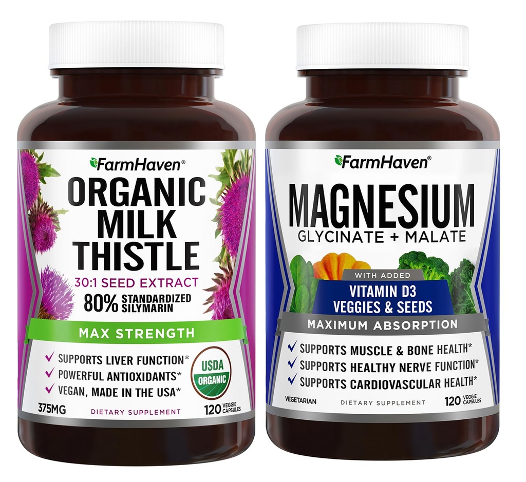 FarmHaven Milk Thistle Capsules & Magnesium Glycinate & Malate Complex w/Vitamin D3