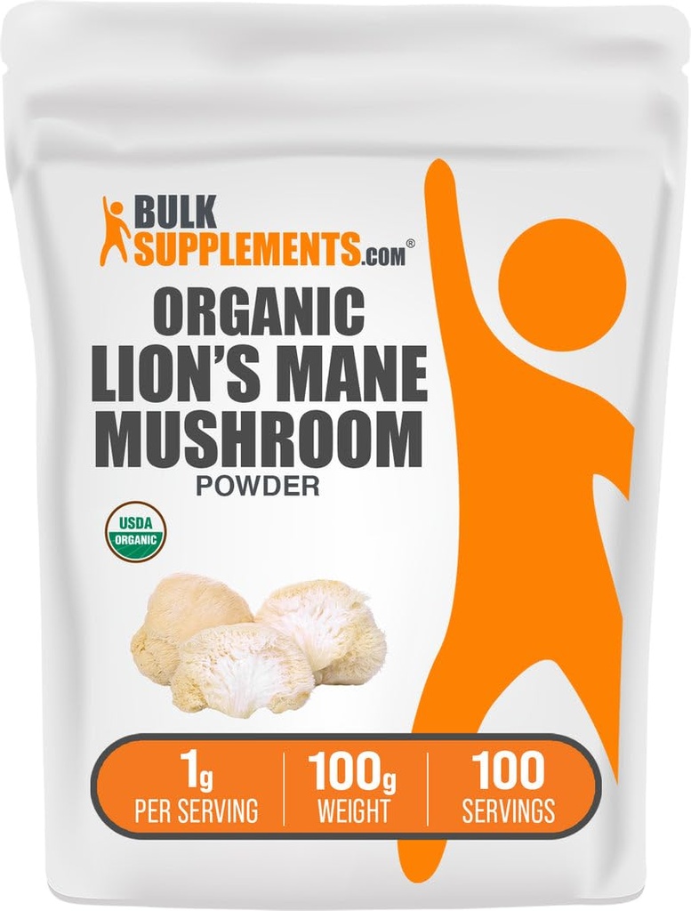 BulkSupplements.com Bio Lions Mane Mushroom Powder - Lions Mane Powder, Mushroom Supplement - Vegan & Glutenfrei, 1g pro Servierung, 100g (3,5 oz) (Pack von 1)