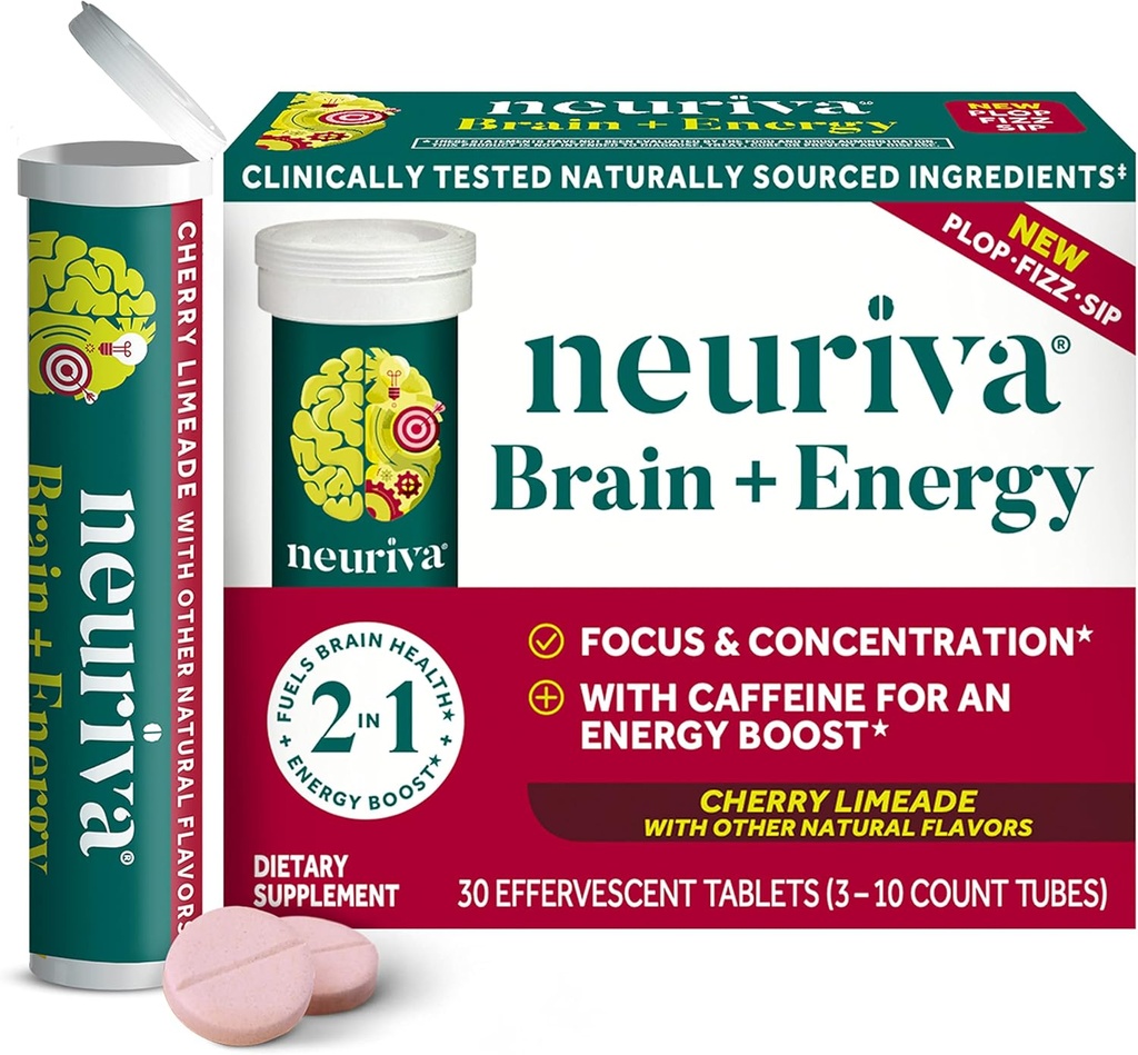 NEURIVA Brain + Energie-Ergänzung mit klinisch getestetem Neurofaktor für Fokus & Konzentration, Vitamin B12, & 150mg Koffein für eine sofortige Energie-Boost, 30ct Cherry Limeade Effervescent Tabletten