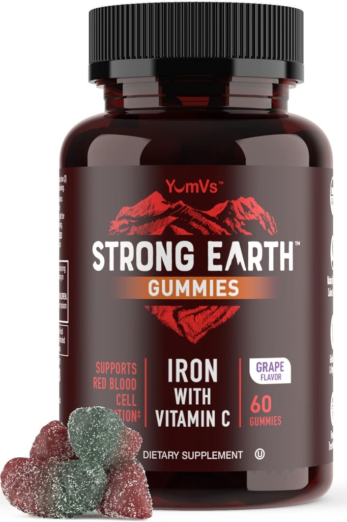 YUM-V'S Strong Earth Iron mit Vitamin C Gummies (60 Count) - Eisenergänzungen mit Vitamin C Gummy - Blut Builder Anemia FE Eisengummis, Eisenergänzung für Frauen und Männer
