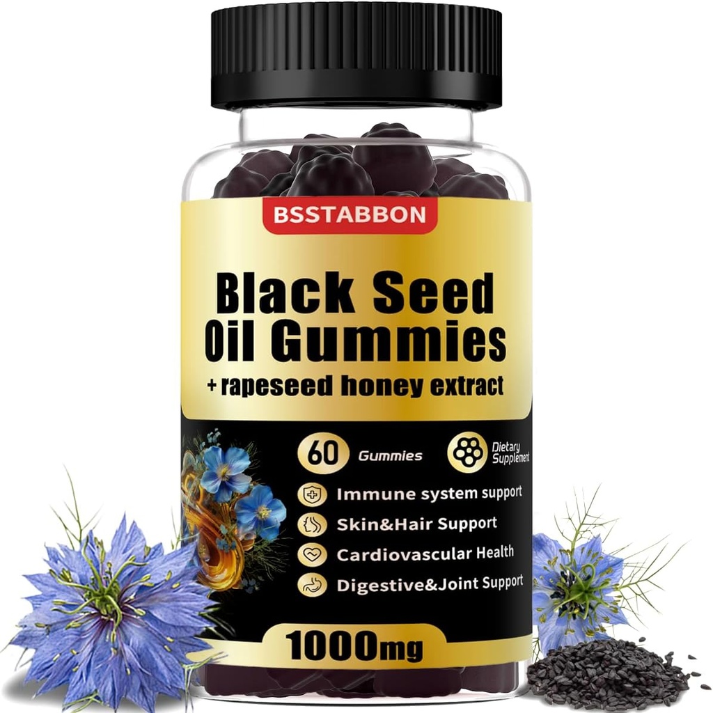 Huile de graines noires Gummies avec 1000mg Huile de graines noires biologiques, 25mg extrait de colza, Vitamine B6,B12 et zinc pour système immunitaire support (60 Gummies) (60 Nombre)