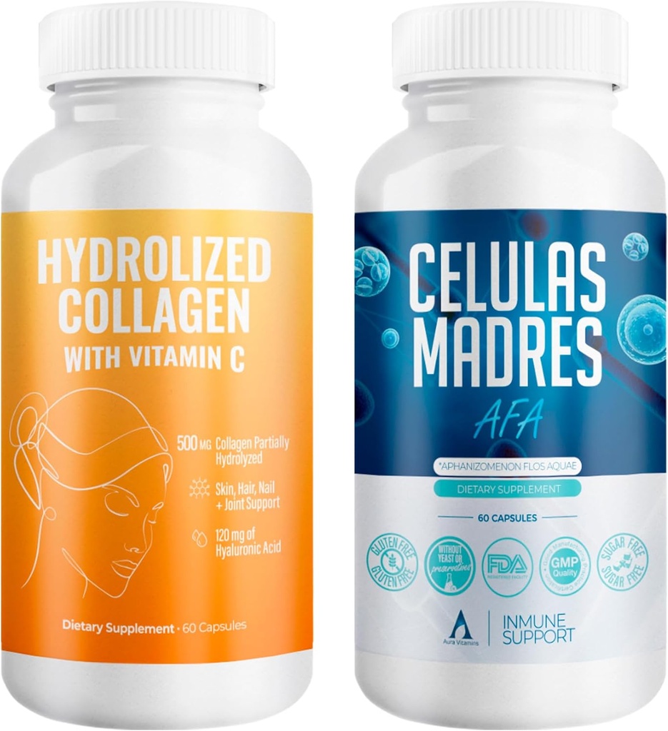 Aura Vitamin Mega Antioxidant Bundle | Hydrolysierte Kollagen & AFA Stammzelle | Hydrolysiertes Kollagen mit Vitamin C, Aphanizomenon Flos-Aquae | Celula Madre Haut, Haar und Nagel Unterstützung – 60 jeder Caps (1)