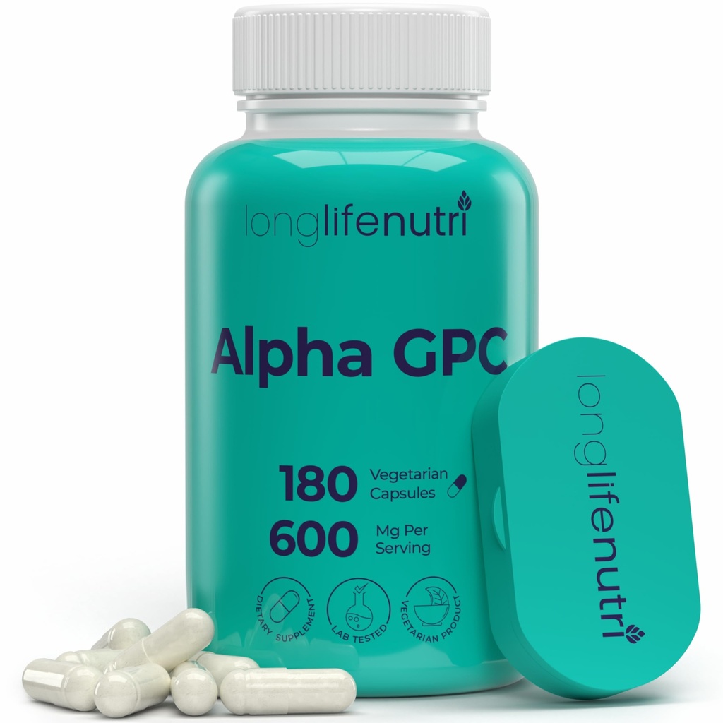 Alpha GPC Choline Supplement 600mg – 180 vegetarische Kapseln, hohe Reinheit Nootropic für tägliche Energie, 3-Monats-Versorgung, Acetylcholin-Quelle für kognitive und Psychische Klarheit, GMP zertifiziert, Made in USA