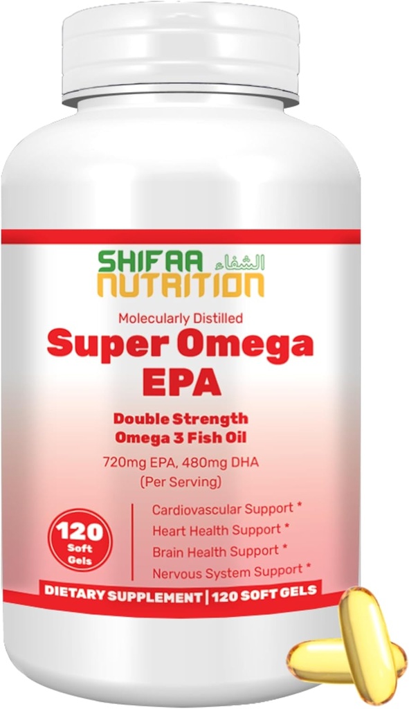SHIFAA NUTRITION Huile de poisson halal Softgels 120 Ct, double résistance - halal Omega 3 suppléments d'huile de poisson. Sauvage capturé, non OGM et purifié