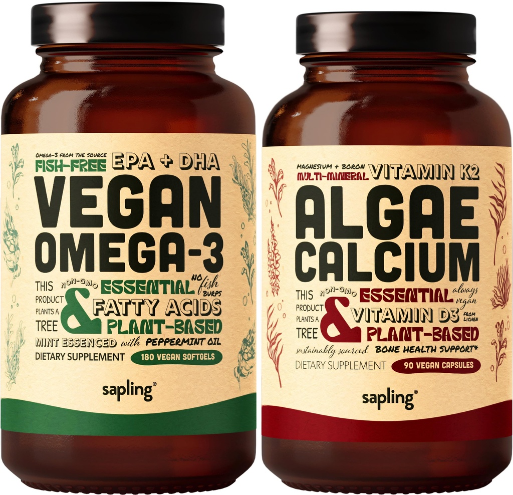 Vegan Omega 3 180 Softgels & Algae Calcium Bundle - Pflanzenbasierte DHA & EPA-Fettsäuren, Kalziumergänzung aus Red Algae mit Vitamin K2 & D3, Magnesium, Zink, Boron, Mineral Complex