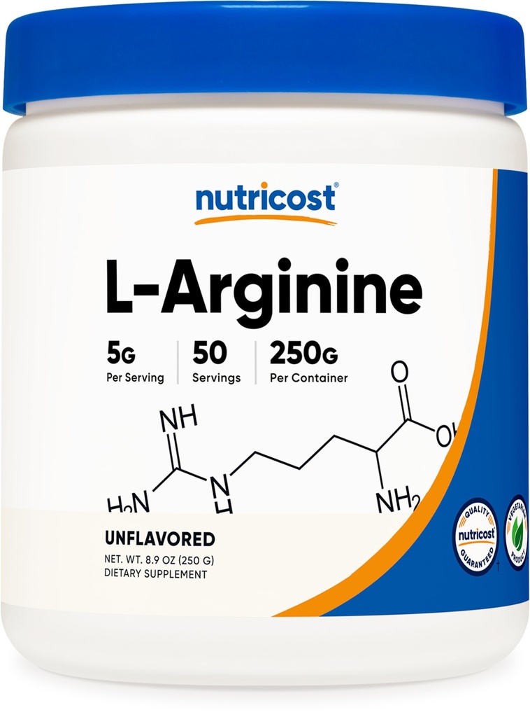 Nutricost L-Arginin (250 Gramm) - Reines L-Arginin-Pulver - 5000mg pro Servierung; 50 Portionen