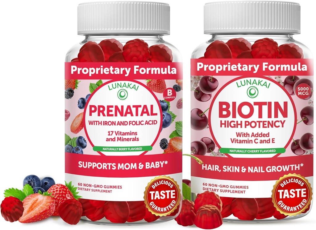 Biotine Lunakai et bundle prénatale - Supplément de croissance de la peau des cheveux et des ongles avec vitamine C et E - Gummy multivitamine grossesse avec acide fer et folique - 30 jours d'approvisionnement