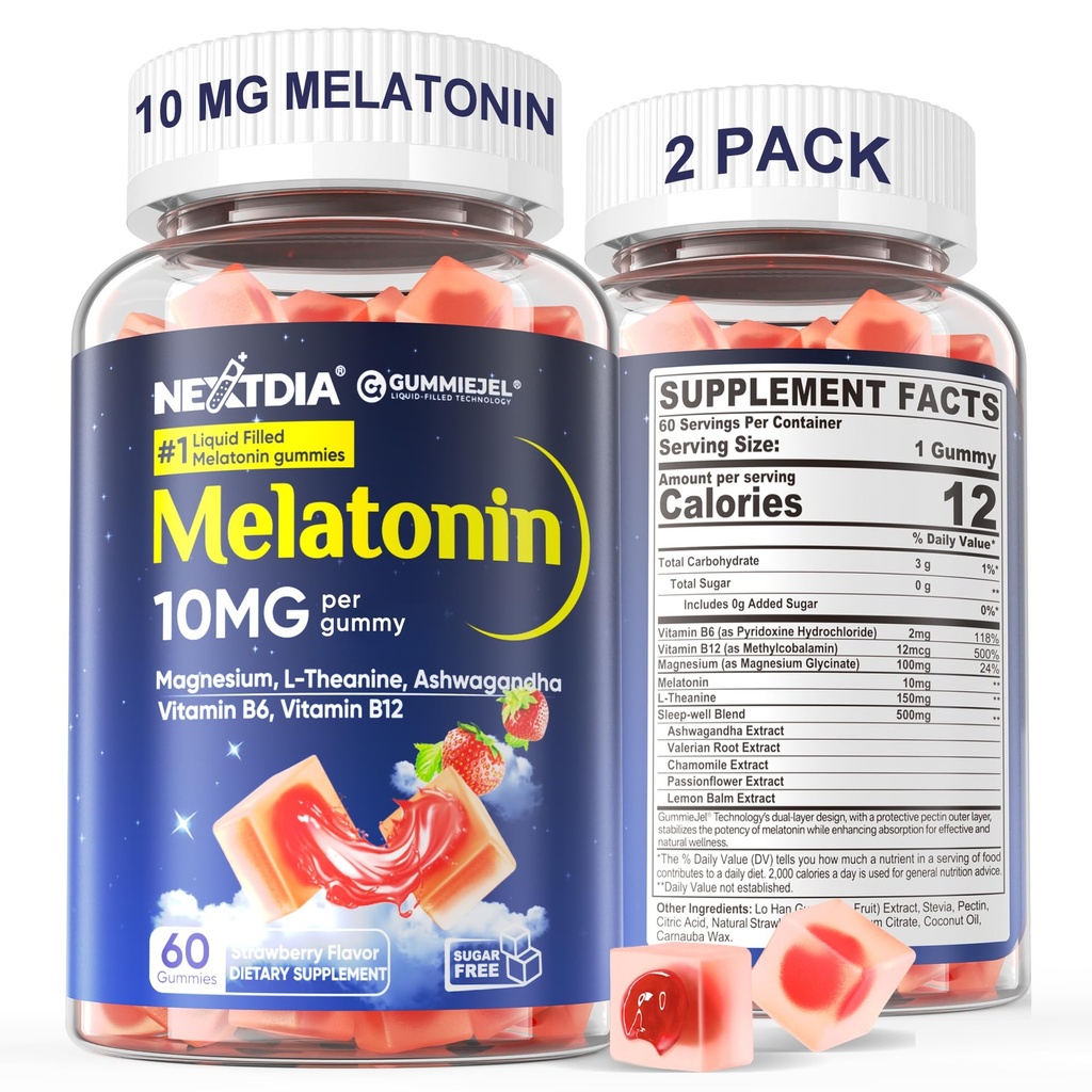 2 Pack Sugar Free Melatonin Gummies 10mg 20mg Magnesium Glycinate Melatonin für Erwachsene, Ashwagandha, L-Theanin, B6, B12, Zitronenbalsam und Kamille für tiefe Entspannung, Antioxidans, Vegan, 120 Tage