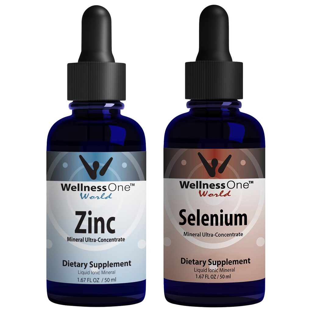 WellnessOne Ionic Liquid Zinc & Sélénium Liquid Drops - Zinc Sélénium Bundle pour soutenir le système immunitaire et la santé thyroïdienne et cardiaque - 1,67 fl oz Zinc & Sélénium Liquid Drops