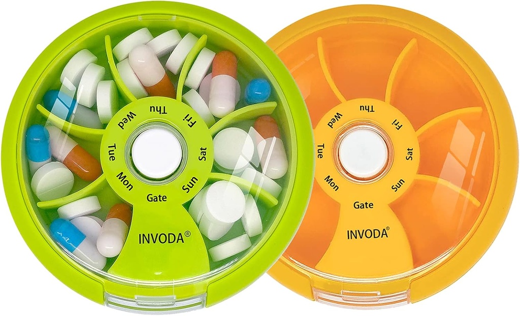 INVODA Weekly Pill Organizer 7 Compartiment Pill Box rotative pour les médicaments quotidiens et les vitamines - Portable Travel Pill Case Suppléments huile de poisson Vitamines Organizer (Green+Orange)