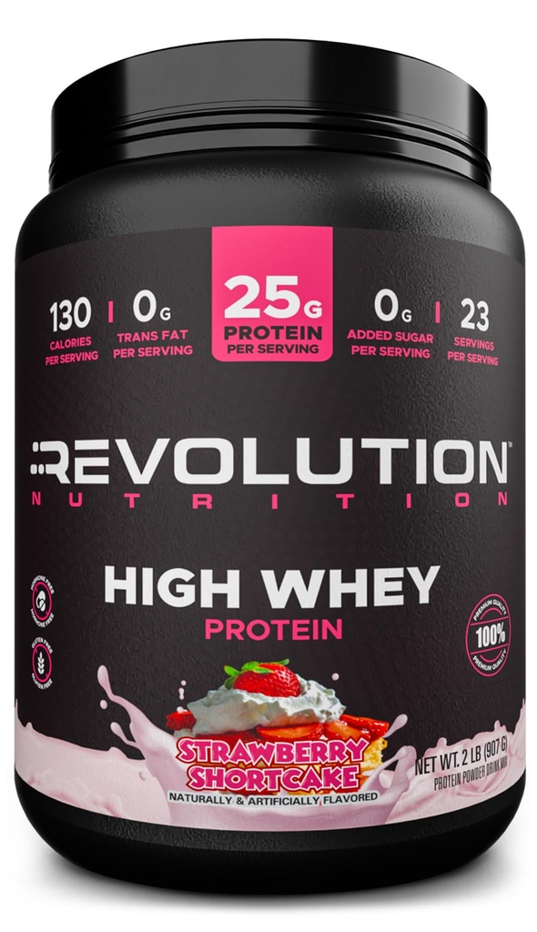 Revolution Nutrition, High Whey, Poudre de Protéines 2LB, Isolation de Whey, Sans gluten, Masse musculaire maigre pour les hommes et les femmes, 25g de protéines par scoop, 908 g, 24 portions (Shortcake aux mûres, 2 livres)