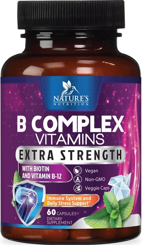 B Complex Vitamins Kapseln - mit Vitamin B12 B6 B100 C Biotin Folat & Folsäure - Ergänzung für Herz, Gehirn, & Nerve Unterstützung - Super Complete B-Komplex für Immun- & Energie-Unterstützung - 60 Kapseln
