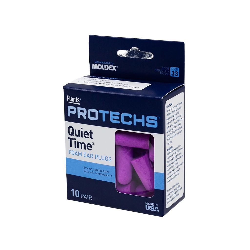 Flents Protechs Schaum Ohrstecker, 10 Paar mit Gehäuse für Schlafen, Snoring, Laut Lärm, Reisen, Konzerte, Bau, Studium, Arbeit, Schießen, NRR 33, Lila, Einweg, Made in the USA