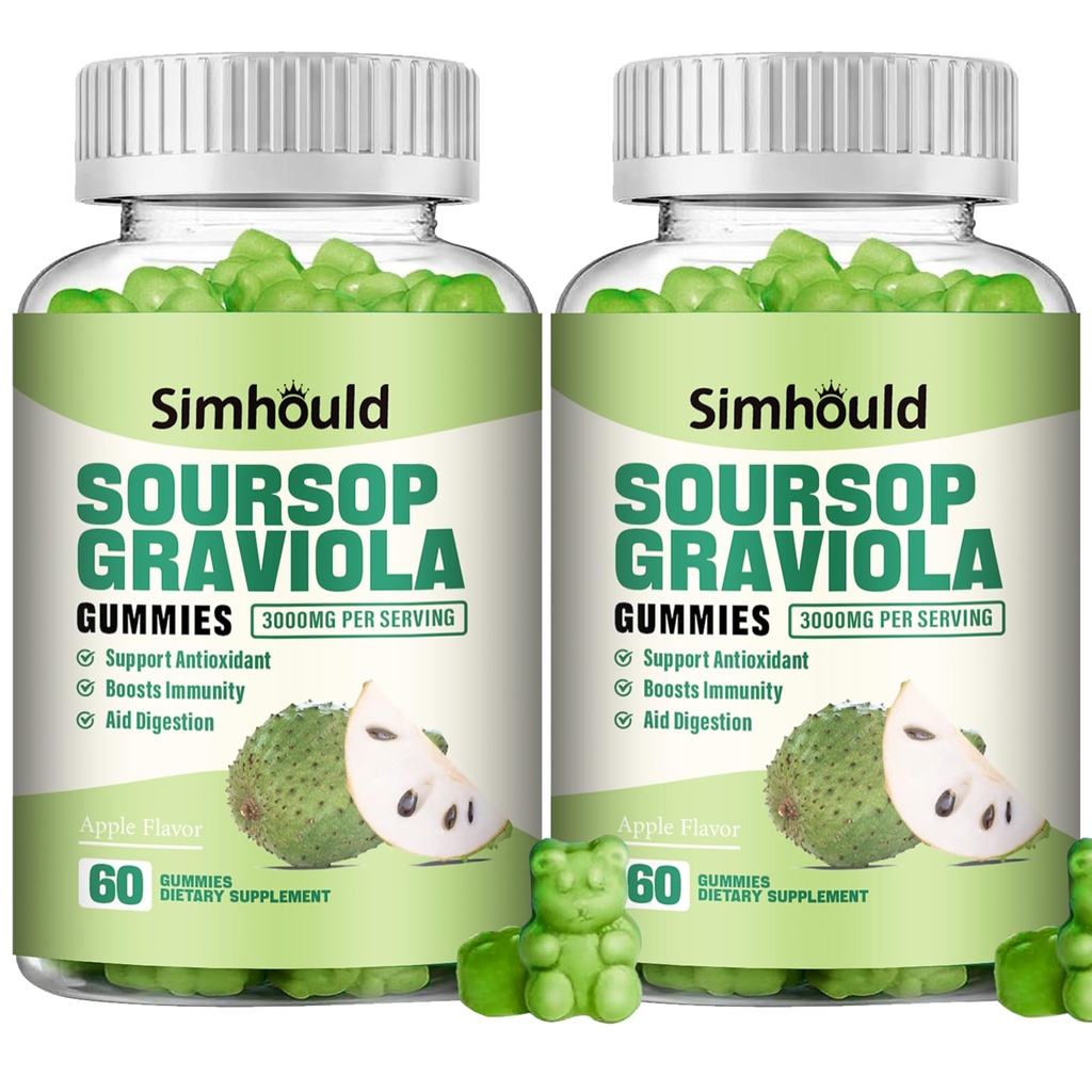 Simhould 2 Pack Soursop Graviola Gummies - 3000mg Extra Strength Soursop Leaves Supplement with Vitamin C, Zinc - Digestive Aid, Immune Support & Antioxidant - Sugar-Free, Non-GMO, Vegan, 120 Counts