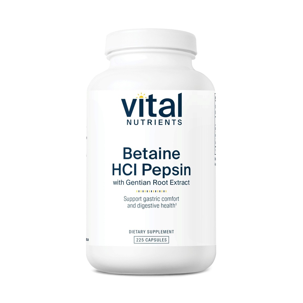 Vital-Nährstoffe Betaine HCL Pepsin mit Gentian Root-Extrakt | Verdauungsenzym-Formel zur Unterstützung von Protein-Digestion und Nährstoff-Absorption* | Gluten, Dairy, Soy Free | 225 Kapseln