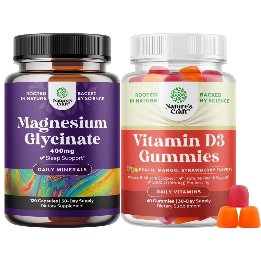 Bundle Pure Magnesium Glycinate 400mg Pro Servieren für Mood Schlaf und Entspannung und Vitamin D3 Gummi für tägliche Wellness oder Knochen Muskel- und Immununterstützung