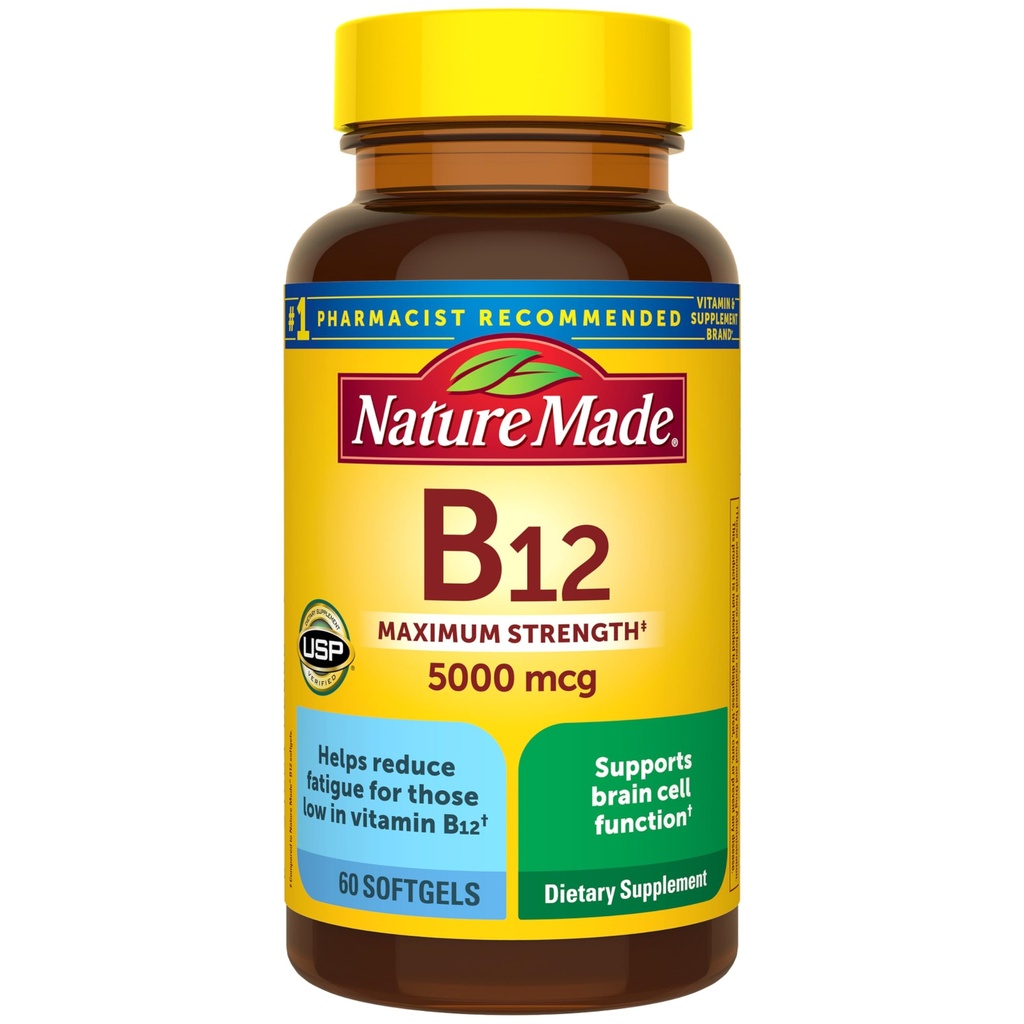 Nature Made Maximum Strength Vitamine B12 5000 mcg, complément alimentaire pour le métabolisme énergétique, 60 Softgels, 60 jours d'approvisionnement