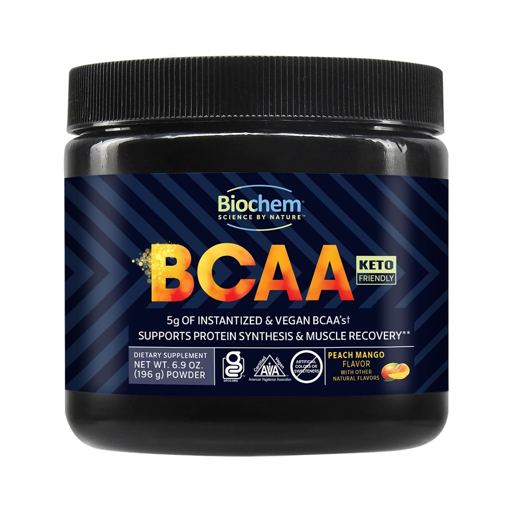 Biochem BCAA Pulver Peach Mango 5g – 30 Servierungen | Vegan, Glutenfrei, Keto, Instantized 2:1:1 BCAA Ergänzung zur Muskelgewinnung, Proteinsynthese & Hydration | Elektrolyt Aminosäurepulver
