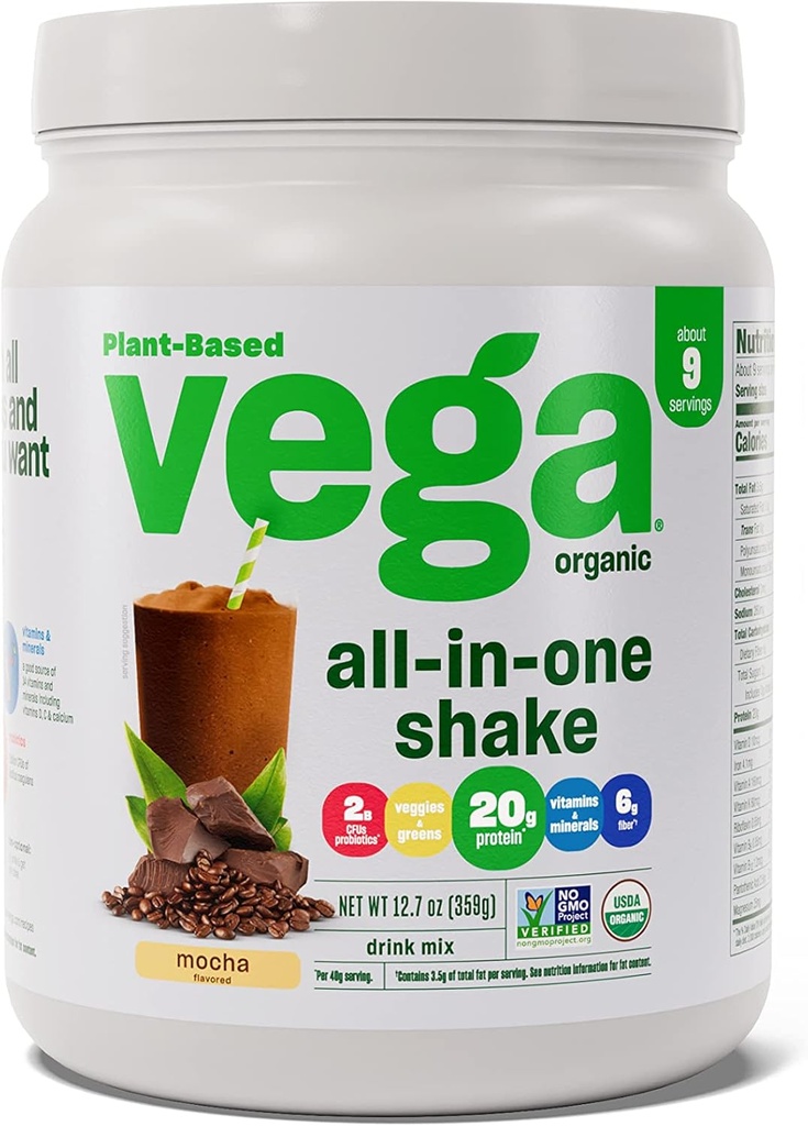 Vega Organic All-in-One Vegan Protein Pulver Mocha (9 Servierungen) Superfood Zutaten, Vitamine für Immunitätsunterstützung, Keto Friendly, Pea Protein für Damen und Herren, 12.7oz (Packaging May Vary)