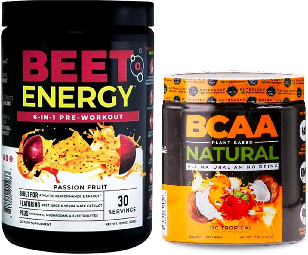 Nutrologie Beet Natural O2, Poudre de pré-entraînement, Saveur de fruits de passion (30 portions) BCAA Naturel, à base végétale BCAA Poudre, Saveur de noix de coco orange (30 portions)