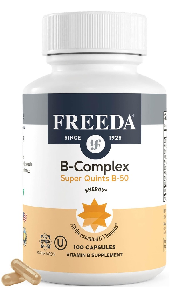 Complexe Vitamine B-50 FREADA – Super Quintes B-Complex avec B1 B2 B3 (Niacinamide) B5 B6, Biotine, Folate et B12 + Choline et Inositol – Capsules végétaliennes, 100 Compte – Fabriqué aux États-Unis