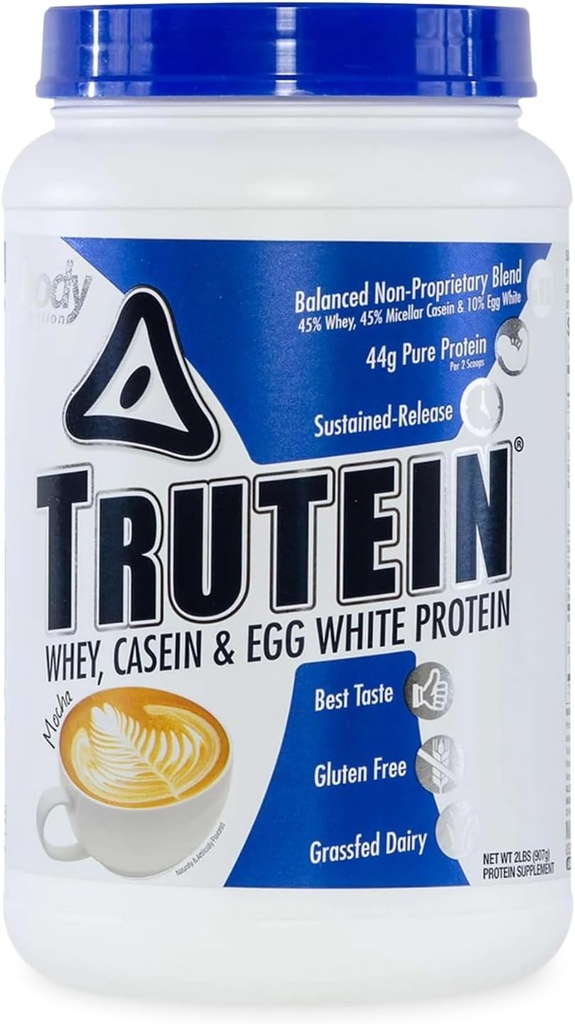 Body Nutrition Trutein High Protein Powder: 45% Whey, 45% Casein, 10% Eiweiß, Glutenfrei, Low Sodium, Gras Fed Whey Protein Powder, Gym Supplement & Breakfast Shake, Mocha, 2lb
