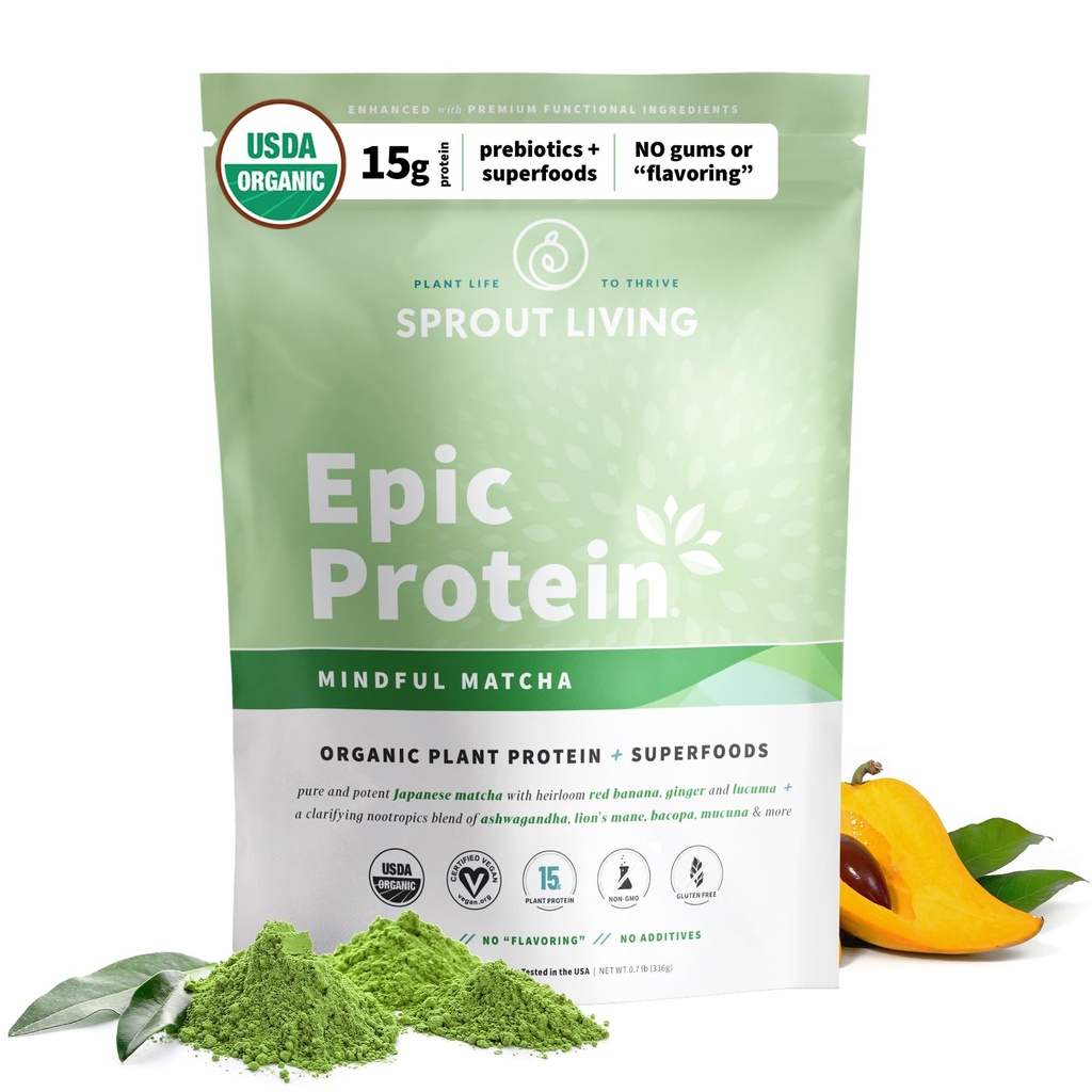 Sprout Living Protéine épique, Protéines végétales et superaliments Poudre, Matcha sensible à la maladie de 17 Grams Poudre de protéines organiques, végétalien, non OGM, sans gluten, adaptogènes + nootropiques (1 livre, 12 portions)