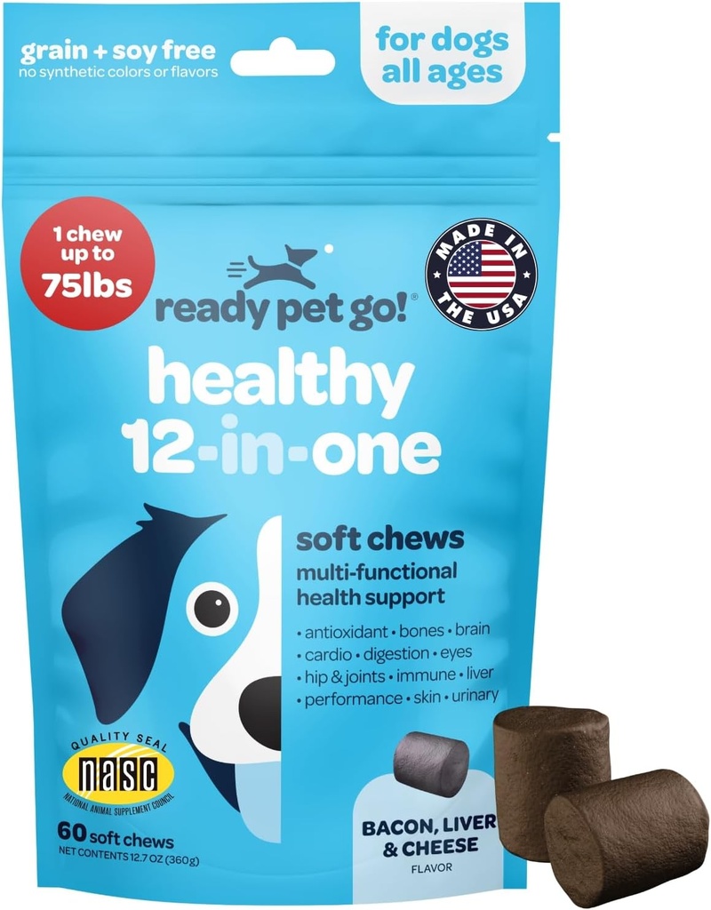 12-in-1 Komplettes Multivitamin für Hunde | Hund Multivitamin Kaubar mit Glucosamin Chondroitin & Digestive Probiotics für Hunde aller Altersgruppen und Größen | NASC Zertifiziert & Made in den USA | 60 Chews