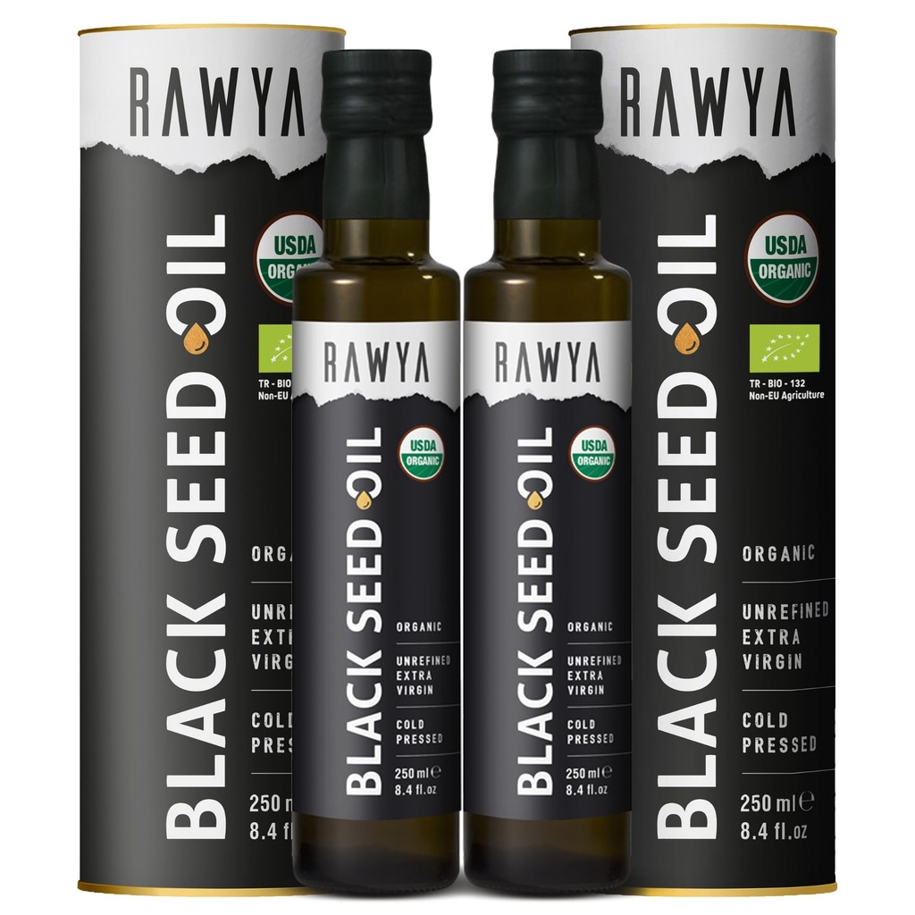 RAWYA Black Seed Oil - Organic Cold Pressed Nigella Sativa - Türkische Herkunft - USDA Organic - Natürliche Ergänzung - Schwarz Cumin Seed Oil - Rich Flavor & High Concentration - 250ml Glasflasche - 2 Pack