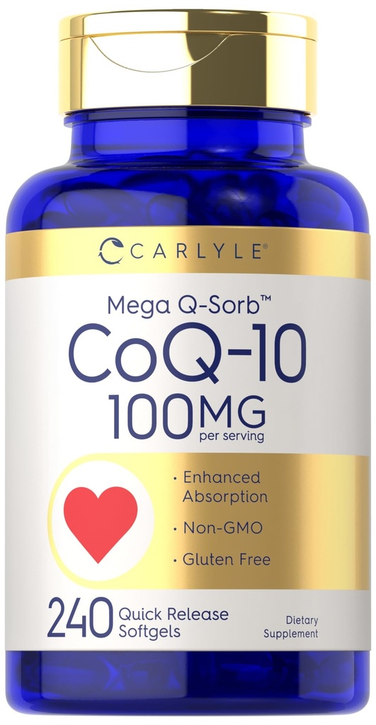 Carlyle CoQ10 100mg. 240 Softgels Mega Q-Sorb Coenzyme Q-10. avec extrait de poivre noir.