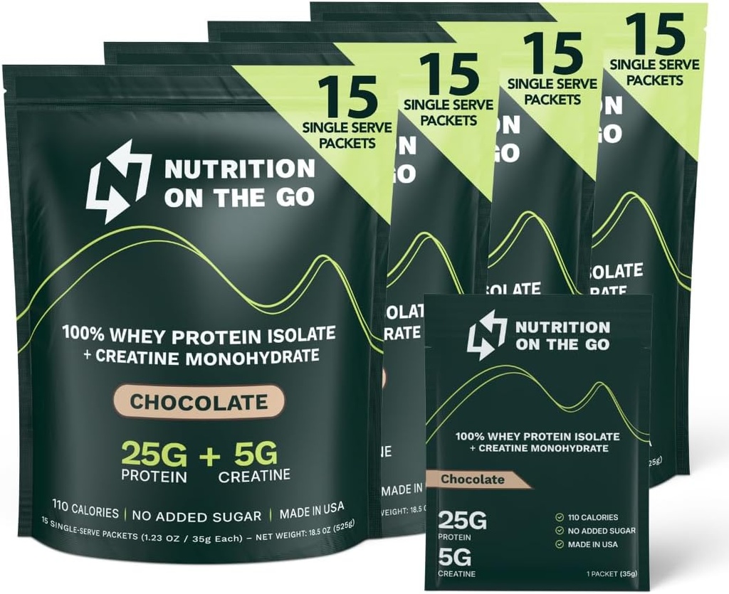 Nutrition On The Go Whey Protein Isolate Packets avec Créatine – 25g Protéines + 5g Créatine – Poudre de protéines voyage mono-serve – Chocolat (60-pack)