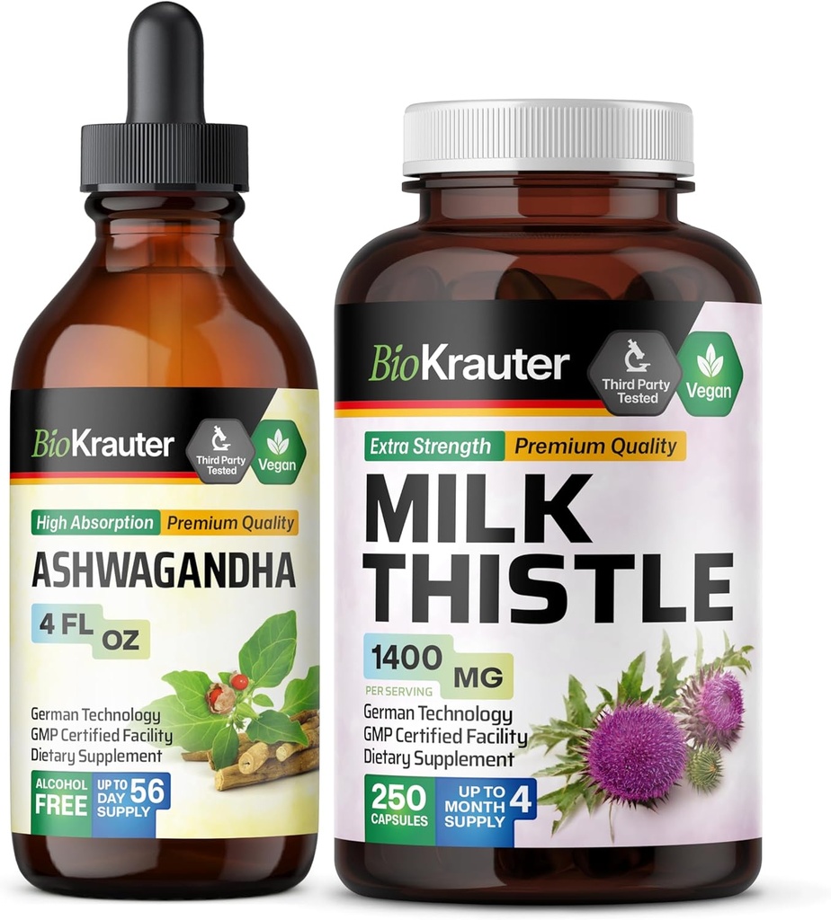BIO KRAUTER Ashwagandha Tinktur 4 Fl. Oz. & Milk Thistle 250 Kapseln