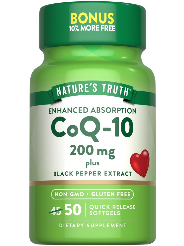 Nature's Truth CoQ10 200mg Softgels | 50 Count | Verbesserte Absorptionsergänzung | Plus Schwarzer Pfeffer Extrakt | Non-GMO, Glutenfrei