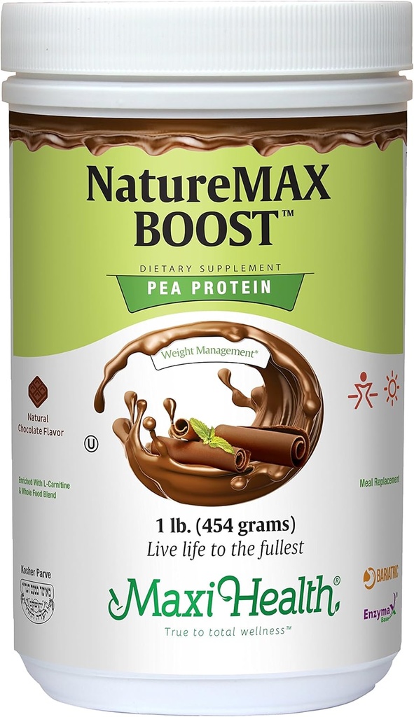 NatureMax BoostTM Pea Protein Powder - Energy Supplement Meal Replacement - 20g Protein Per Serving - Natural Chocolate Flavor - Kosher Vitamin - 1lb.