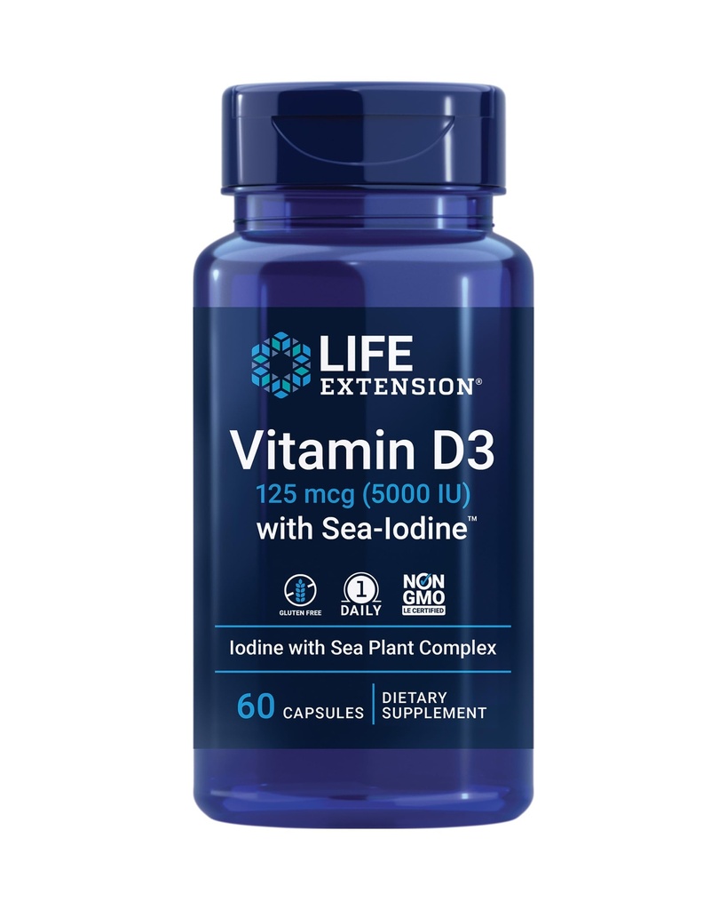 Extension de vie vitamine D3 avec Sea-IodineTM, 125 mcg (5000 UI) – Soutien immunitaire, santé osseuse, santé thyroïde – 1 jour, sans gluten, sans OGM – 60 capsules